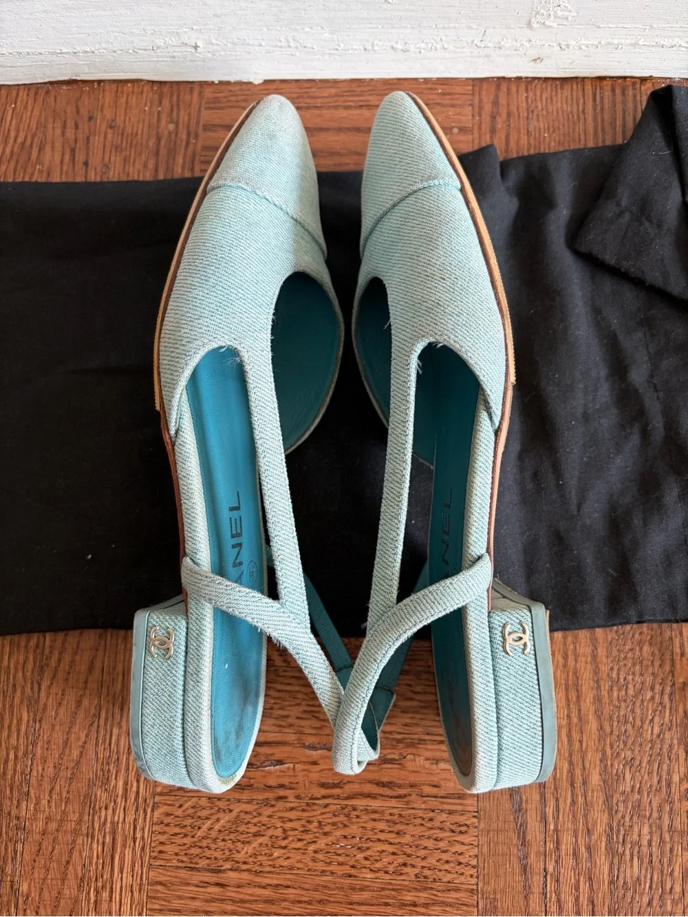 Chanel denim slingback flats mules